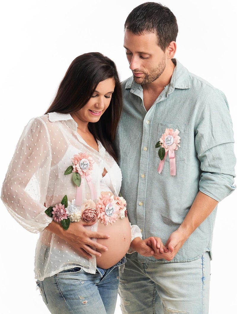 WeddingSteps Baby Shower Maternity Sash Belly Belt-Pink Flower Sash Set Mom to Be & Dad to Be Corsage Pins for Gender Reveal - Image 4